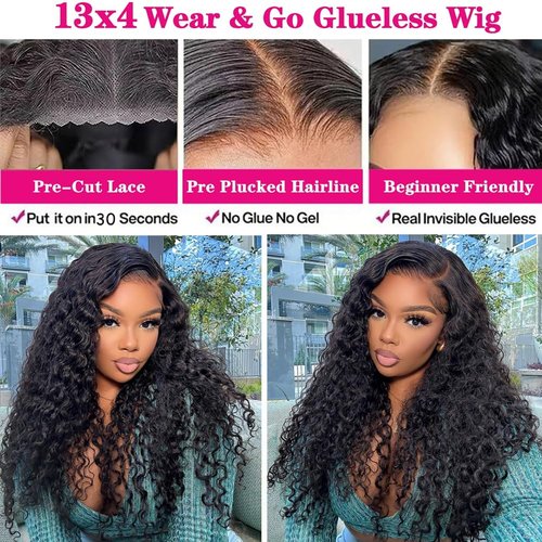PXTPXT Glueless Wigs Human Hair Pre Plucked Pre Cut Wear and Go Glueless Wig 13x4 HD Deep Wave Lace Front Wigs Human Hair for Black Women Frontal Wigs with Natural Hairline 180% Density 12 Inch