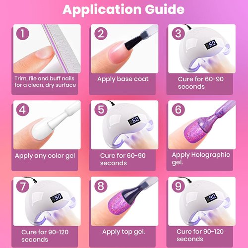 RARJSM Holographic Gel Nail Polish Set Summer Colors Glitter Gel Polishes Kit Rose Gold Hot Pink Red Violet Bright Purple 6PCS 7.5ML Curing Required Unicorn Mirror Laser Effect for Salon Home Manicure