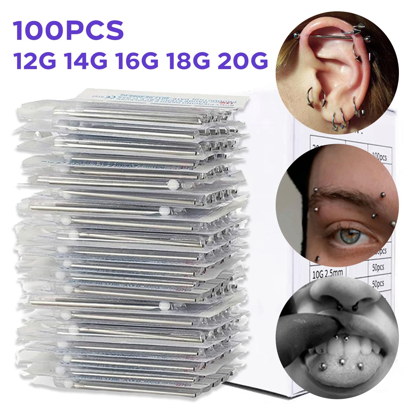 100Pcs Piercing Needles Mixed - Usiriy 20G 18G 16G 14G 12G Ear Nose Piercing Needle Kit Hollow Needles for Lip Tongue Belly Navel Nipple Body Piercing Professional Piercing Tools