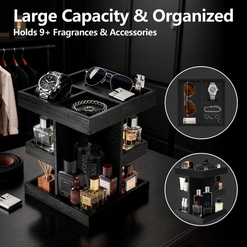 DHLANROY Cologne Organizer for Men, 3-Tier Rotating Perfume Stand - Large Capacity Wooden Display Shelf & Storage for Fragrance, Watch, Sunglasses - Modern Desk, Dresser Top, Bathroom Organizer - Birthday Anniversary Ideal Gift for Husband, Boyfriend, Fat