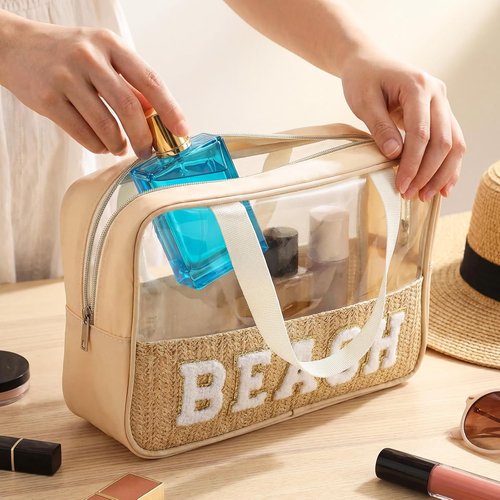 Kajaia Clear Beach Bag - Large Woven Transparent Makeup & Toiletry Organizer | Beige Chenille Letter Design