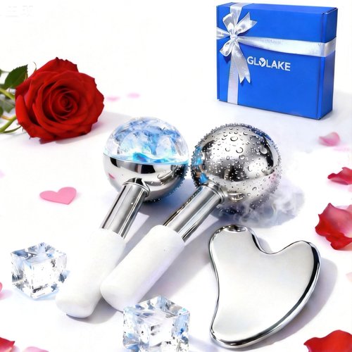 GLOLAKE Ice Roller for Face &Gua Sha Facial Tools, Stainless Steel Ice Roller for Depuffing, Lymphatic Drainage, Fine Lines&Collagen Boost on Face&Body, Valentines Day Gifts for Her/Him, at Home Spa