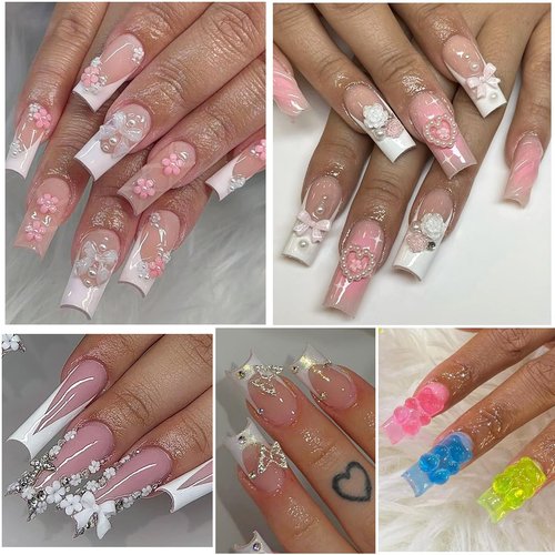 3D Nail Charms Bulk - Mix Assorted Colorful Nail Art Charms with Flowers, Hearts, Pearls, Butterflies, Bows & Crystals - Includes Pickup Tool