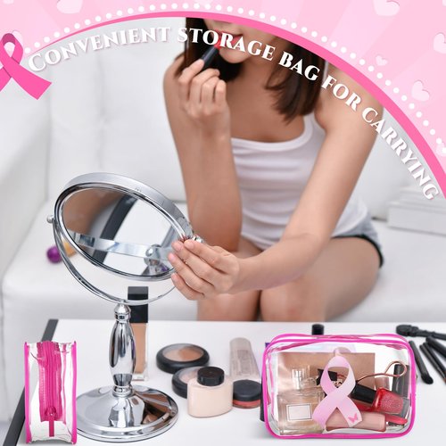 Reginary 20 Pcs Breast Cancer Awareness Clear Makeup Bag Favor, Transparent PVC Waterproof Travel Toiletry Bags with Pink Ribbon Design for Women and Girls, Cancer Survivor and Charity Event Gifts
