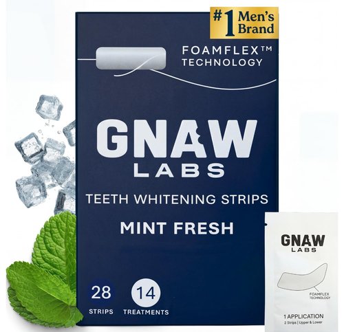 GNAW LABS Teeth Whitening Strips for Men – Mint Fresh | 14 Treatments | Enamel Safe Hydrogen Peroxide Formula with Mint | FoamFlex™ Technology | No Sensitivity, Professional Whitening Kit.