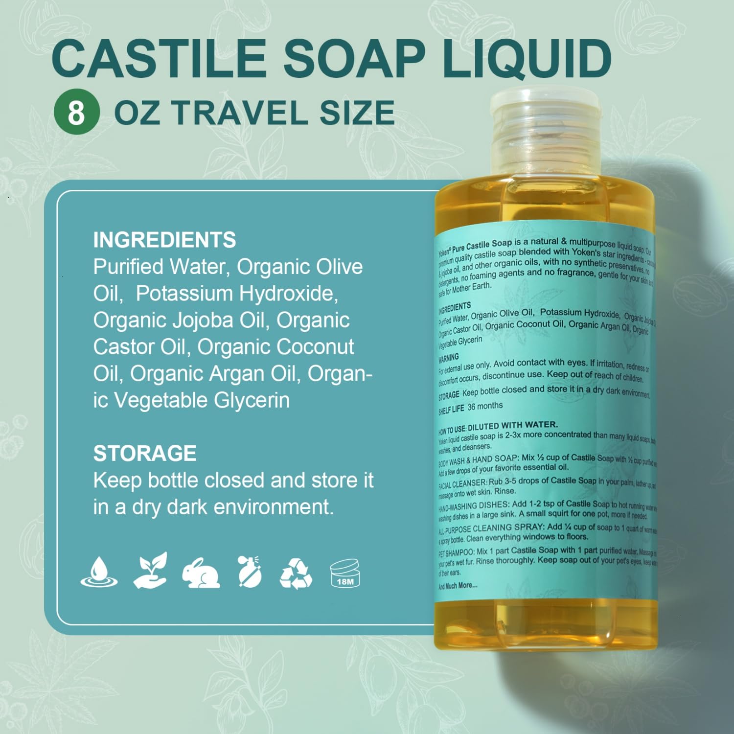 Yoken Pure Castile Liquid Soap Organic (EWG Verified, Unscented, 8 OZ), Made with Organic Oils, No Added Fragrance, Vegan, Castile Soap Liquid for Face, Laundry, Dishes, Sensitive Skin, Travel soaps