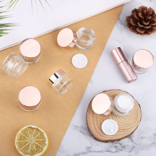 12 Pcs 10g Glass Cosmetic Jars Refillable Clear Cream Bottle Containers Empty Sample Vials Jar with Rose Gold Lid for Eye Cream Lotion Ointments Lip Balm Scrub