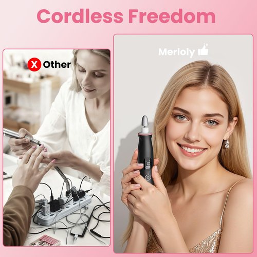 Merloly Nail Drill Kit,Black Cordless Electric Nail File with 10 Speed,10 Bits and LED Light,for Acrylic Nails,Gel Polish Removal and Thick Toenails,Easy for Beginners