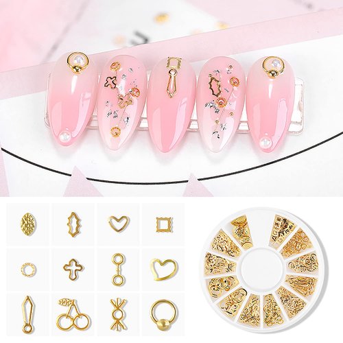 DANNEASY 6 Boxes Gold Nail Charms for Acrylic Nails Metal Hollow Nail Studs Heart Moon Star Cross Nail Art Charms Nail Jewels Charms for Nails 3d Nail Art Decoration