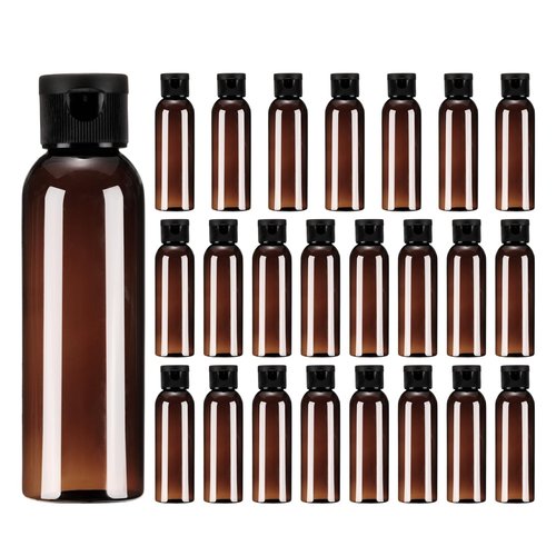 uxcell 2 Oz Plastic Bottles with Flip Caps, 24 Pcs Reusable Travel Size Containers with Lids Plastic Squeeze Refillable Dispensing Bottles for Shampoo, Body Soap, Toner(Brown Black)
