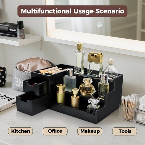 UUyuality Countertop Perfume & Makeup Organizer - Wooden Rack, Cologne Stand Shelves & Skincare Organizer for Bedroom Dresser, Organizador de Perfumes Estante para Perfumes (Black, 01)