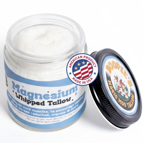 Magic Moo Magnesium Whipped Tallow Skincare for sore muscles, sleep, muscle and period cramps, stress, relaxation & more. Topical magnesium that works.