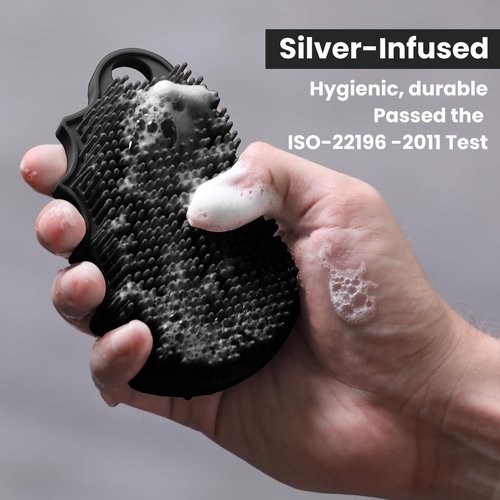 iTokGok Silicone Body Scrubber Silver-Infused Dual-Sided 3-in-1 for Shower, Body Cleaning+Massage+Exfoliator Body Brush Buffer for Men and Women, Silicone Loofah, Non-Slip Handle (Black)