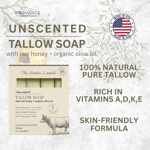 THE RUSTIC LANDS Fragrance Free Natural Tallow Soap Bars Set of 4 - Grass Fed Beef Tallow with Raw Honey & Olive Oil - USA Soap for Sensitive Skin, Moisturizing Bath & Body, 5oz Each