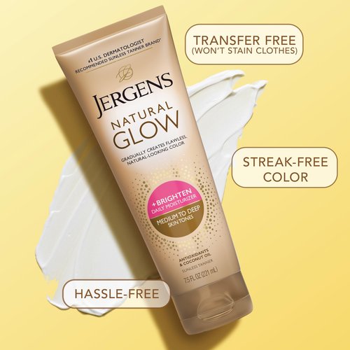Jergens Natural Glow Self Tanner Body Lotion, Daily Sunless Tanning, Medium to Deep Skin Tone, Daily Moisturizer with Coconut Oil, Vitamin E and Antioxidants, 7.5 Oz, Pack of 2