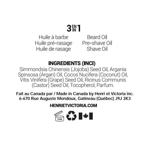 HENRI ET VICTORIA Beard Oil Cognac and Cuban Cigars Fragrance | Canadian Made by Skilled Artisan | Moisturizing, Non-Greasy, Natural Ingredients | 28g (1oz)