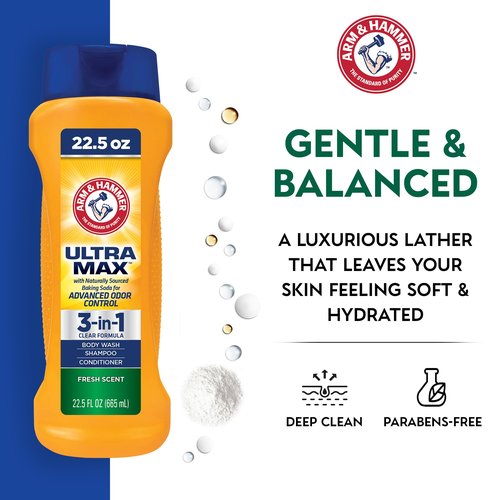 Arm & Hammer Essentials Mens Body Wash - Ultra Max 3-in-1 Fresh Scent 22.5oz - Mens Shampoo Conditioner Body Wash