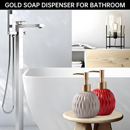 Ceramics Gold Soap Dispenser for Bathroom, Relief Soap Dispenser for Kitchen Sink, 400ml/13.5Oz Refillable Liquid Hand Soap Bottle with Gold Pump (Khaki).