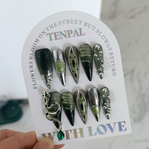 TENPAL Gothic Fake Nails Long Stiletto,Black Chrome & Gradient Green Cat Eye False Nails,3D Snake Gem Designs Metal Press on Nails,10pcs Soft Gel Artificial Nails with Steel Bead for Women(M)