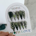 TENPAL Gothic Fake Nails Long Stiletto,Black Chrome & Gradient Green Cat Eye False Nails,3D Snake Gem Designs Metal Press on Nails,10pcs Soft Gel Artificial Nails with Steel Bead for Women(M)