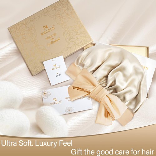 Necole Silk Bonnet for Women 100% Mulberry Silk Sleep Cap 22 Momme Double Layer Hair Wrap for Curly Short Long Hair, Non-Slip Turban with Elastic Tie, Gold
