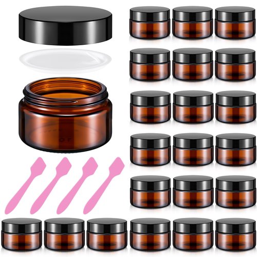 Honeydak 24 Pack 0.7oz Glass Jars with Lids Airtight Cosmetic Containers Reusable Empty Tiny Cosmetic Jars for Lip Balm Lotion Cream Sample Wax Salve Ointments, Travel Size, Light-blocking (Amber)