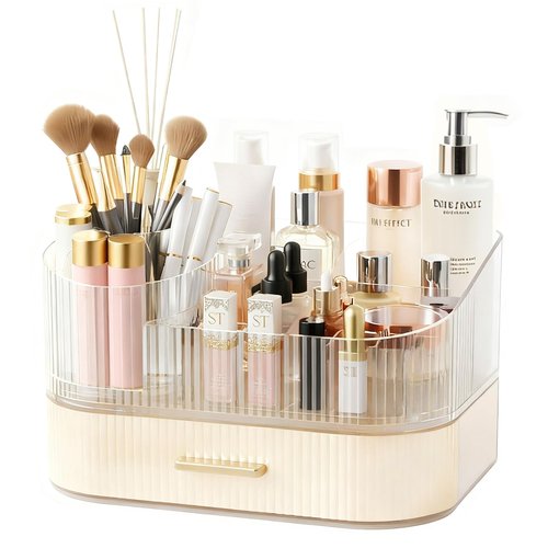 ShinyDew Makeup Organizer Countertop with 360 Rotating Brush Holder, Make Up Organizers For Vanity With Drawer, Bathroom Countertop Skincare Organizer And Storage