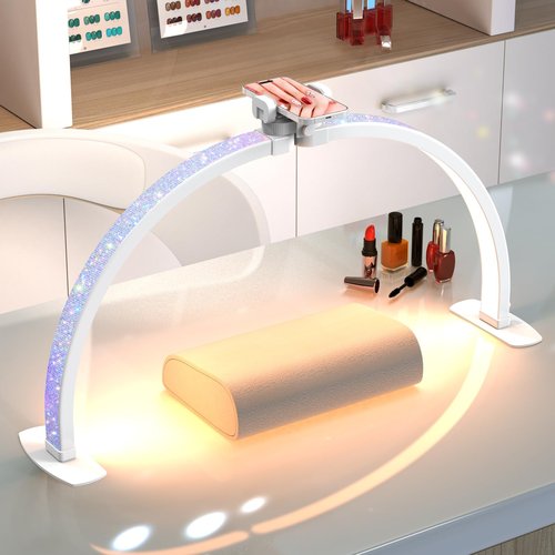 Professional Large Half Moon Light for Nail Desk with Phone Holder, 29" Arch Light for Nail Techs Nail Desk Lamp for Manicure Table, Salon, Nail Tech Lamp with Rhinestone-Encrusted(White, Large)