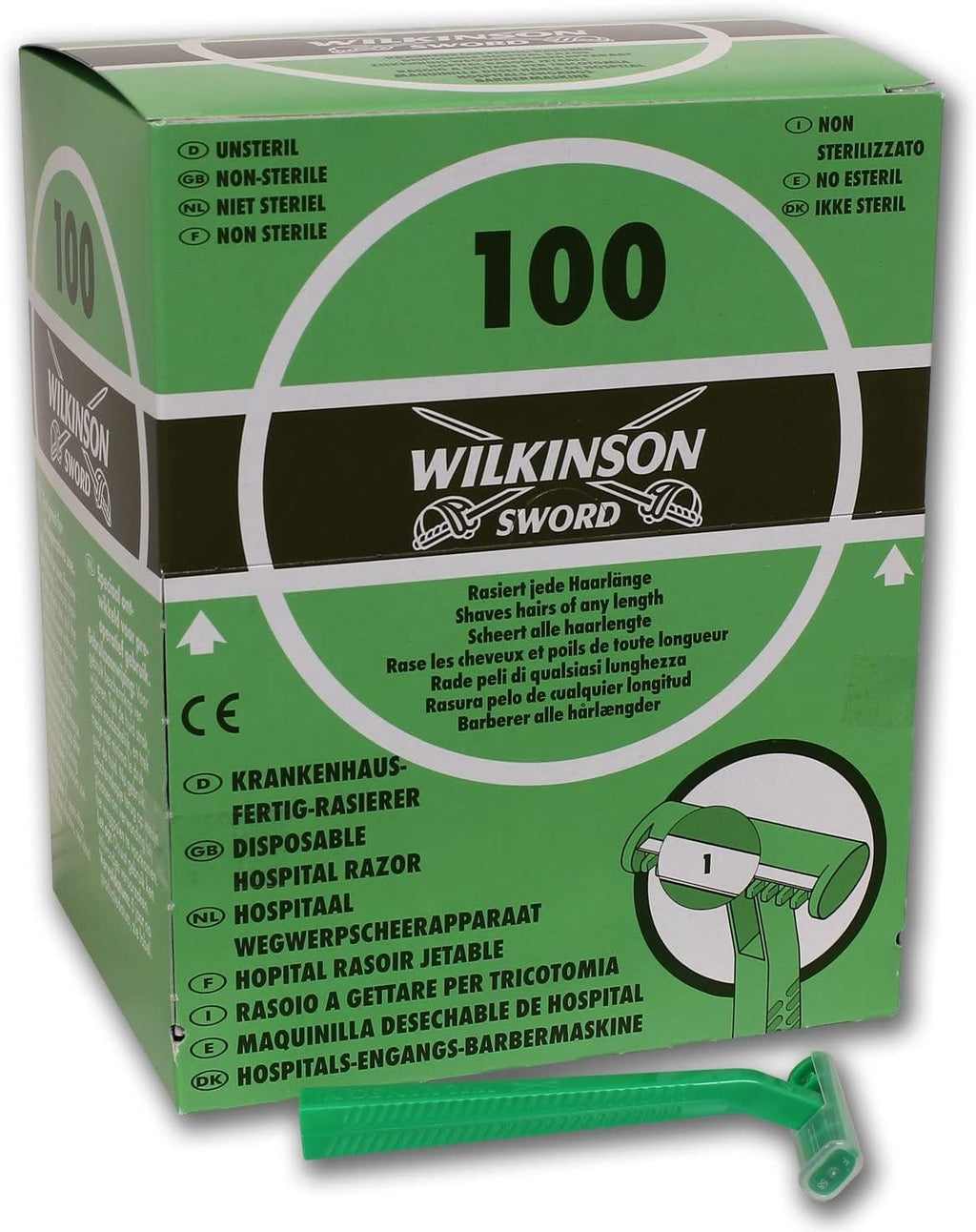 Wilkinson Hospital Disposable Razor, 100 ct, Green, Alloy Steel, Unisex