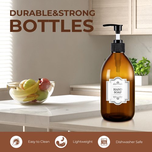 Homepicker 16 oz Amber Glass Soap Dispenser with Pump, Glass Pump Bottle for Lotion Body Oil, 500ml Hand and Dish Soap Dispensers Set with Storage Caps, Labels - 2 Pack