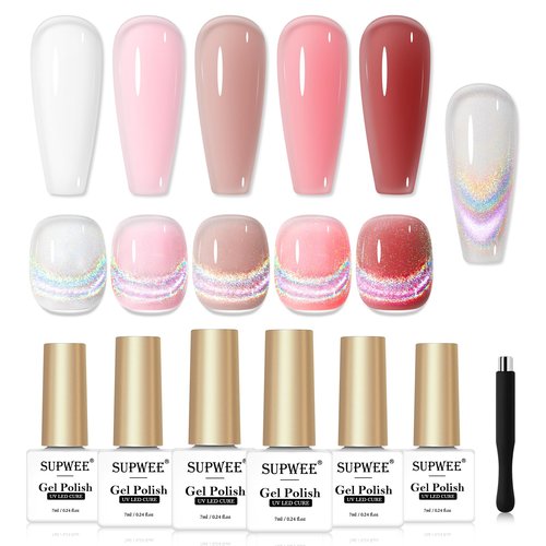 SUPWEE Cat Eye Gel Nail Polish Set With Magnetic, 5 Colors Translucent Nude Pink White Jelly Gel, Universal Rainbow Cat Eye, Glitter Holographic for Home DIY Manicure
