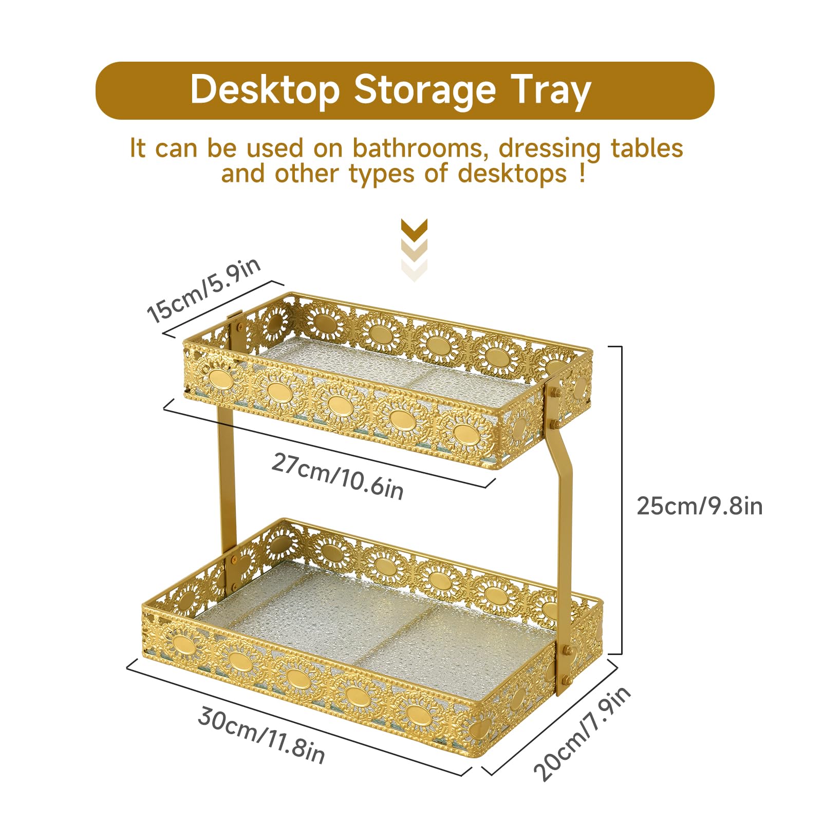 xiaojuande-Two Layer Glass Storage Tray with Portable Dressing Table Skin Care Product Organization Rack Corner Storage Rack for Bathroom Counter High-end Light Luxury Display Plate - Gold (Gold)
