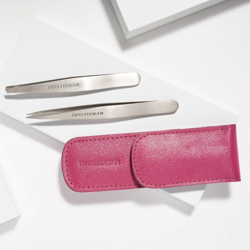 Tweezerman Petite Tweeze Set with Travel Case - Point and Slant Tweezers, Tweezers for Travel (Pink Case)