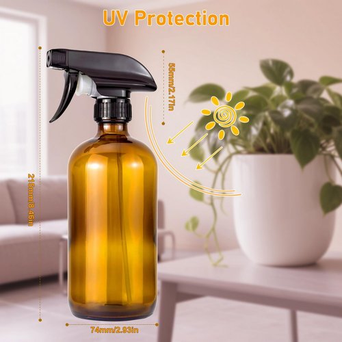 JIUWU 2 Pack 500ml 16.9oz Amber/Brown Glass Spray Bottles, Thickened, Refillable Empty Bottles for Cleaning Solutions, Essential Oils, Hair, Plants, Adjustable Nozzle for Squirt/Mist, Funnel, Label