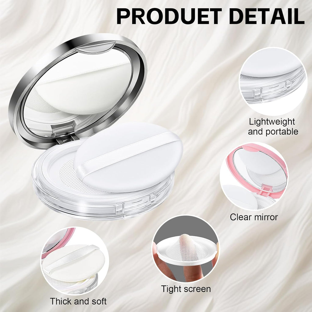 Tokusatsu Refillable Loose Powder Container - 2-Pack Travel Makeup Compact with Puff & Mirror | 0.17 oz (Pink, Silver)