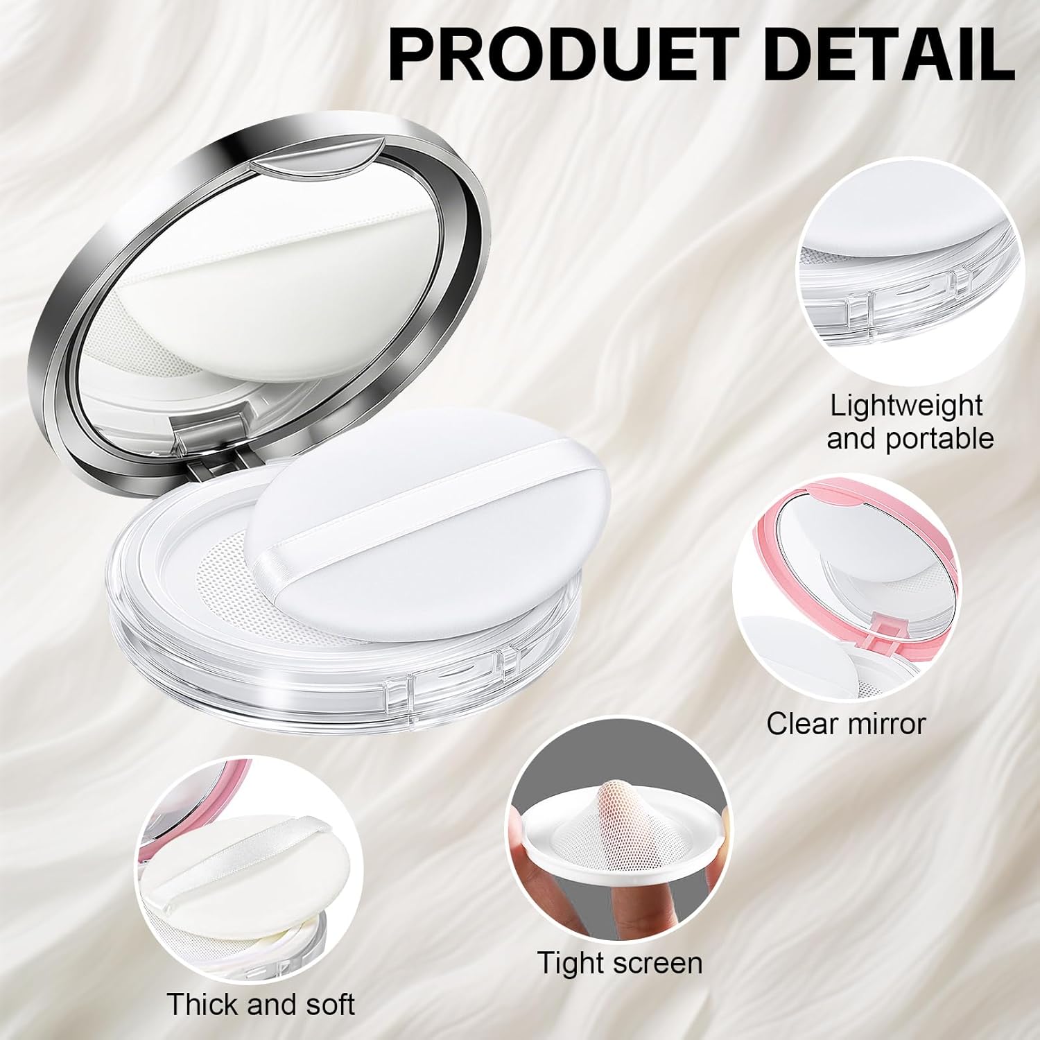 Tokusatsu Refillable Loose Powder Container - 2-Pack Travel Makeup Compact with Puff & Mirror | 0.17 oz (Pink, Silver)