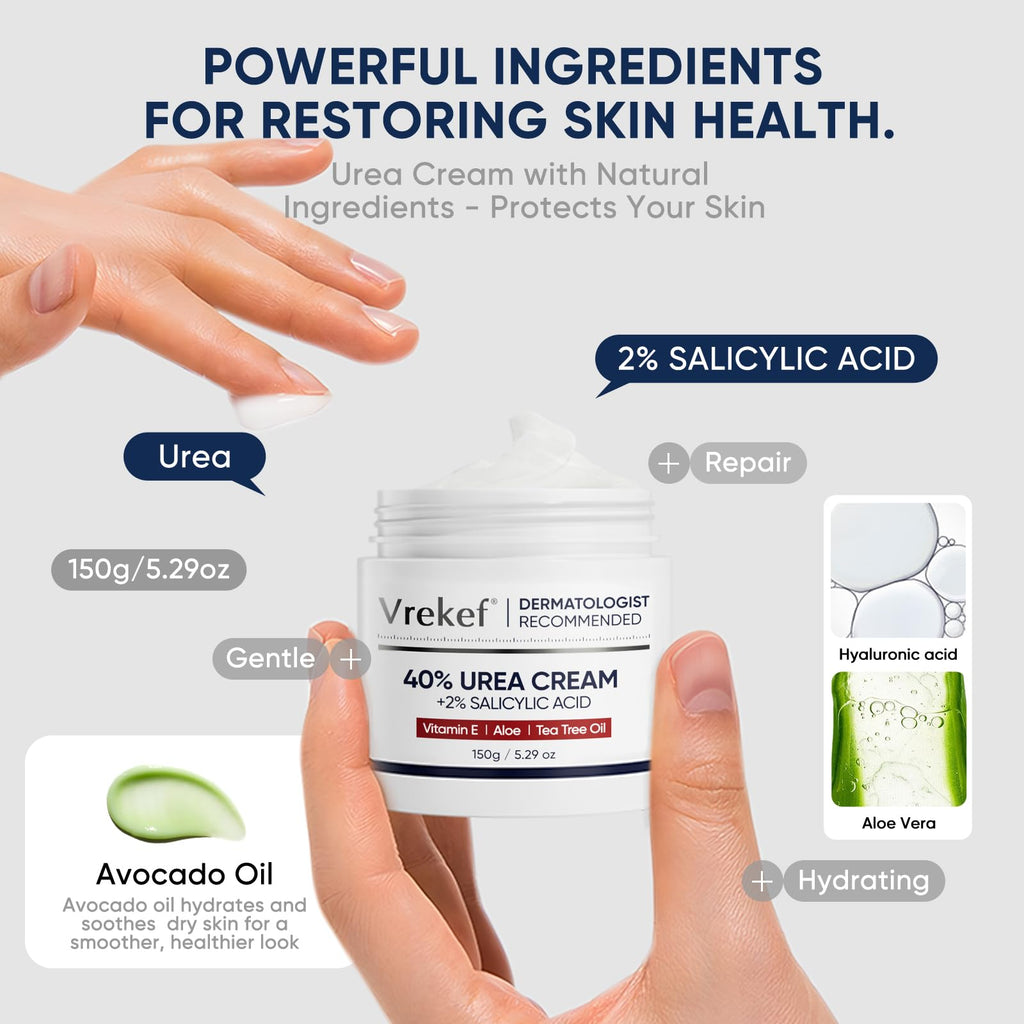 VREKEF Urea Cream 40 Percent for Feet Maximum Strength, Urea Cream 40% Plus Salicylic Acid 2%, Foot & Hand Cream for Dry Cracked