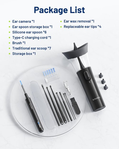 KAUGIC Ear Wax Removal - One-Hand Manual Ear Cleaner with Camera, 7 PCS Ear Spoons, Safe Ear Irrigation Kit for Adults (Black)