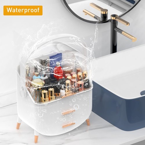 Sansixzero Makeup Organizer with Transparent Lid & 2 Drawers – Large Capacity Cosmetic Skincare Storage Box for Bathroom Vanity, Countertop, Bedroom – Portable and Dustproof, White (11"x7"x14")