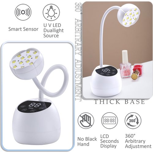 PHAIN Mini U V LED Nail Lamp with 3 Timers and LCD Display,36W Cordless Flash Cure Gel x Nail Lamp, Auto Sensor Gooseneck Portable USB Gel Nail Dryer U V Light for Home DIY, Pearl White, ML-10003