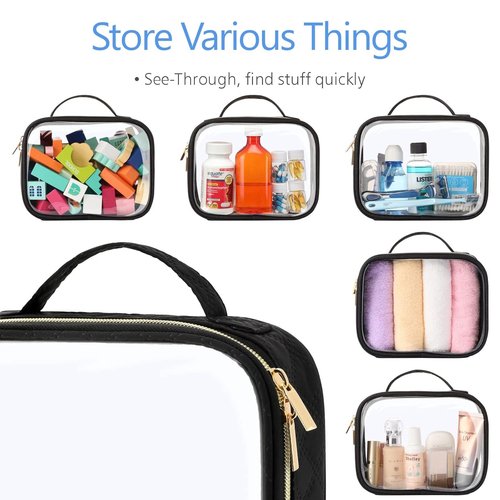 PACKISM TSA Approved Toiletry Bag - 3 Medium Clear Makeup Bags | Quart Size, Water Resistant PVC, Black