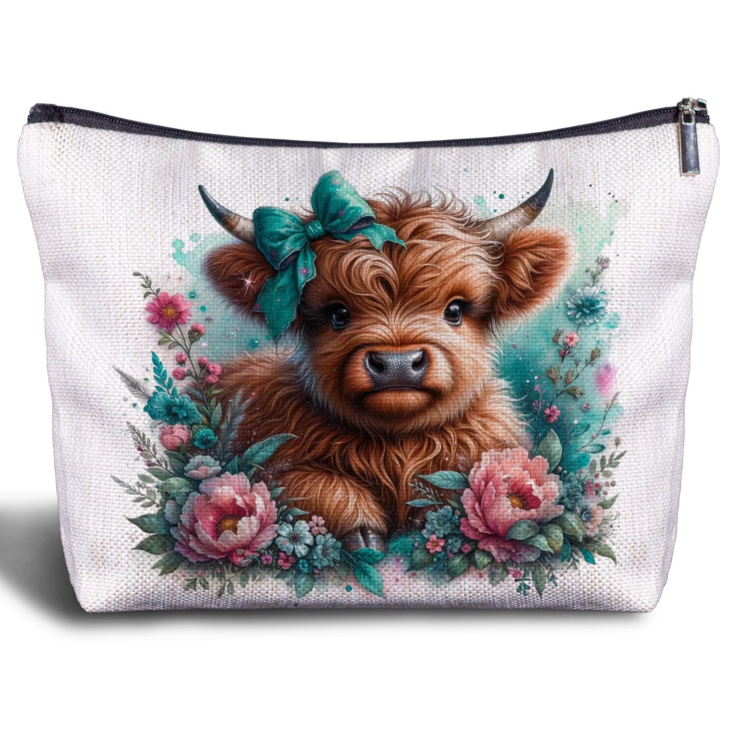 Zomhix Floral Highland Cow Makeup Bag - Teal Coquette Bow Western Cow Cosmetic Bag Toiletry Bag for Women
