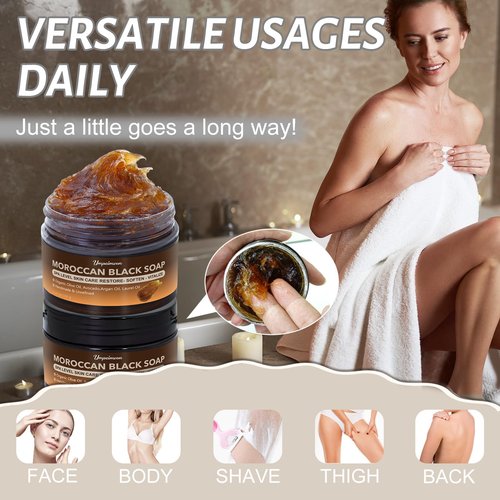2 PCS Unrefined Moroccan Black Soap Handcrafted, Argan Oil Authetic Black Beldi Soap SPA Level Highly Moisturize, Purify and Soften Skin, with Laurel Oil for Face and Body, No Fragrance, 5.29 oz/150 g