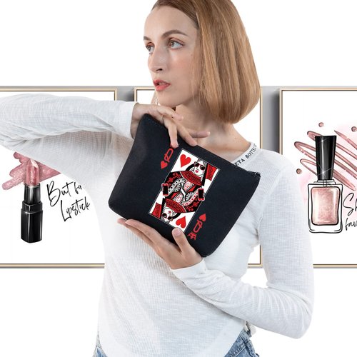 LEVLO Queen of Hearts Cosmetic Make Up Bag King and Queen Gift Blackjack Cards Poker Makeup Zipper Pouch Bag (Q Black)