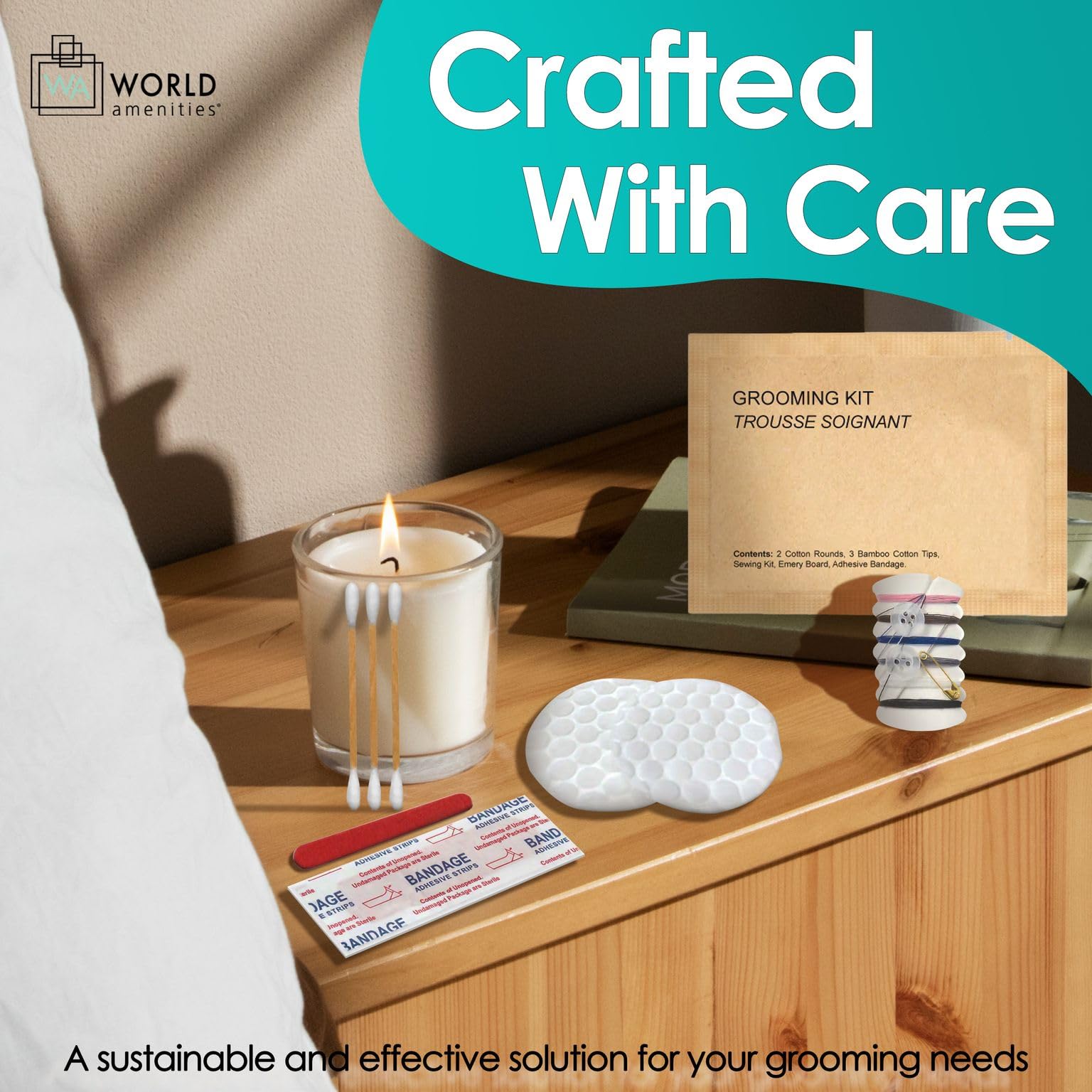 World Amenities Kraft Paper Grooming Kit - Travel Size Toiletries - Cotton Rounds, Bamboo Cotton Tips, Sewing Kit, Emery Board (25 Pack)