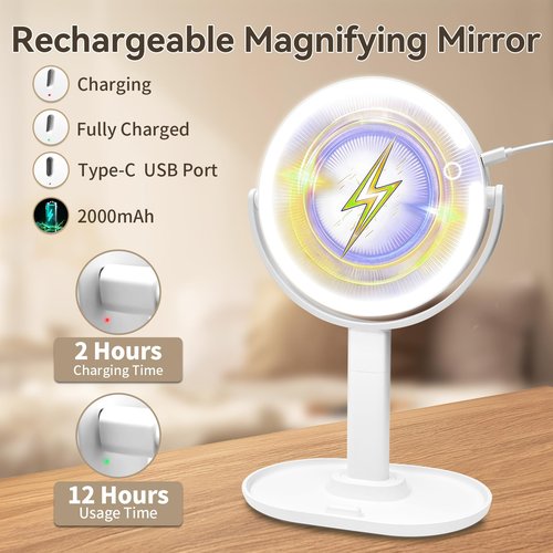 Makeup Mirror with Lights, Double Sided 1x/10x Magnifying Mirror，Rechargeable 3 Color Lights & Adjustable Brightness and Height LED Vanity Mirror, 360° Rotation Detachable Travel Make Up(White)