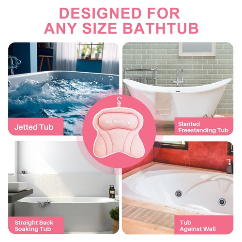 Olaemuo Bath Pillows for Tub, Bath Pillow Luxury Bathtub Pillow, Comfy Bath Tub Pillow for Bathtub for Head and Neck with Non-Slip Suction Cups for Tub, Relaxing Bath Accessories Spa Gifts-Pink