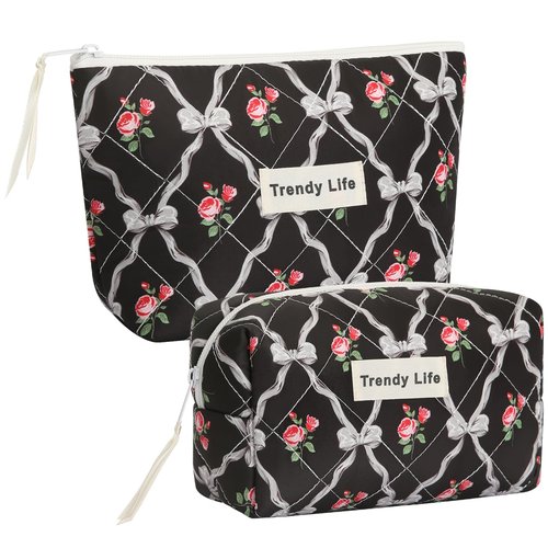 HAOGUAGUA 2 Pieces Makeup Bag, Small Large Quilted Cosmetic Bag, Travel Floral Make Up Toiletry Organizer Bag for Women Girls (2PCS STYLE A-5)