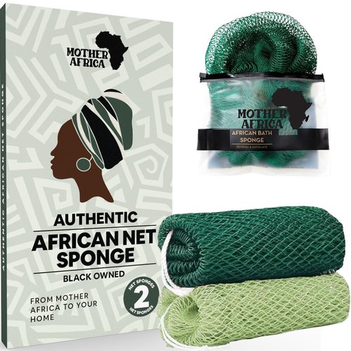MOTHER AFRICA African Net Sponge Authentic with Knots 2 Pack Black Owned Exfoliating Body Scrubber Bath Sponge for Shower Washcloth Loofah Gentle Deep Cleansing Back Scrubber Face & Body Men & Women