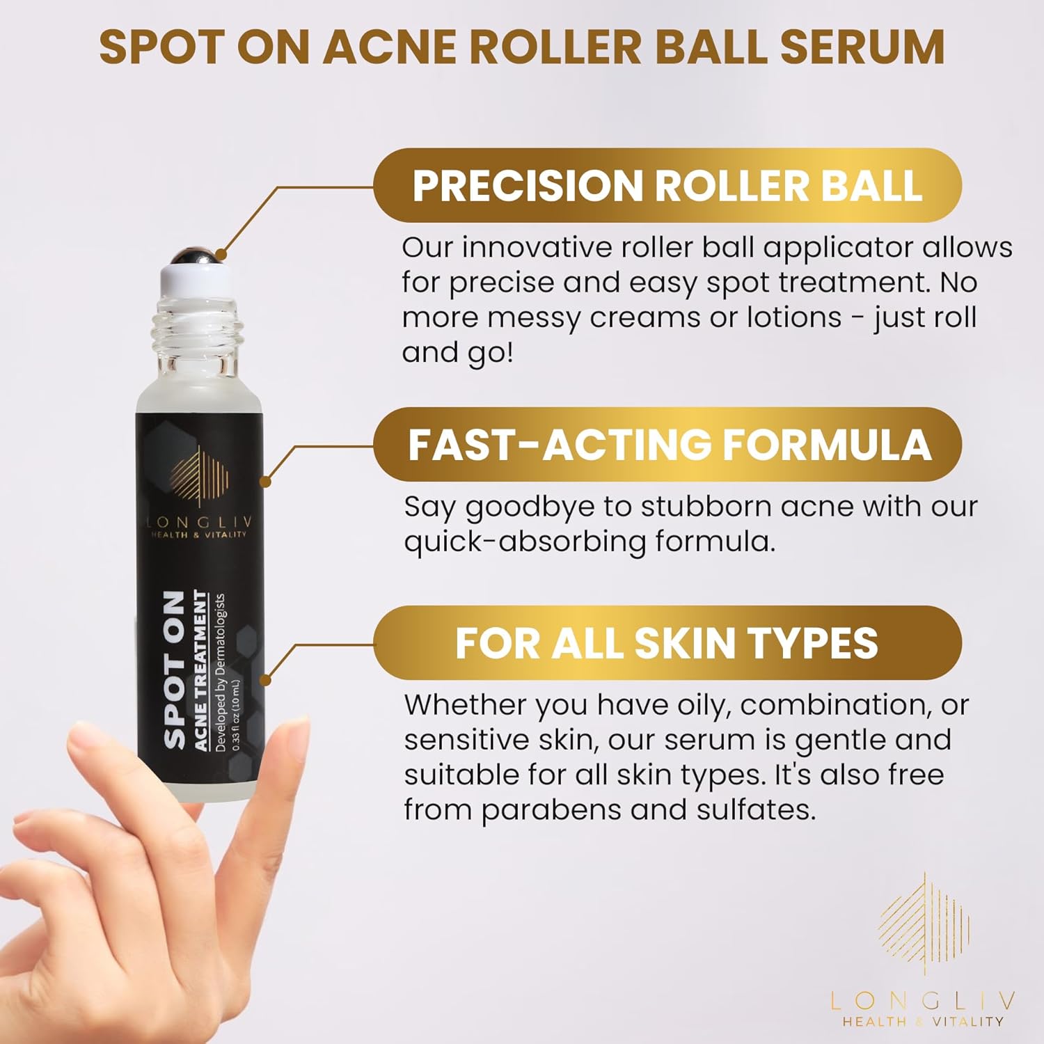 Spot On Acne Roller Ball Serum - Benzoyl Peroxide & Salicylic Acid Pimple Treatment - Mess-Free On-the-Go Solution